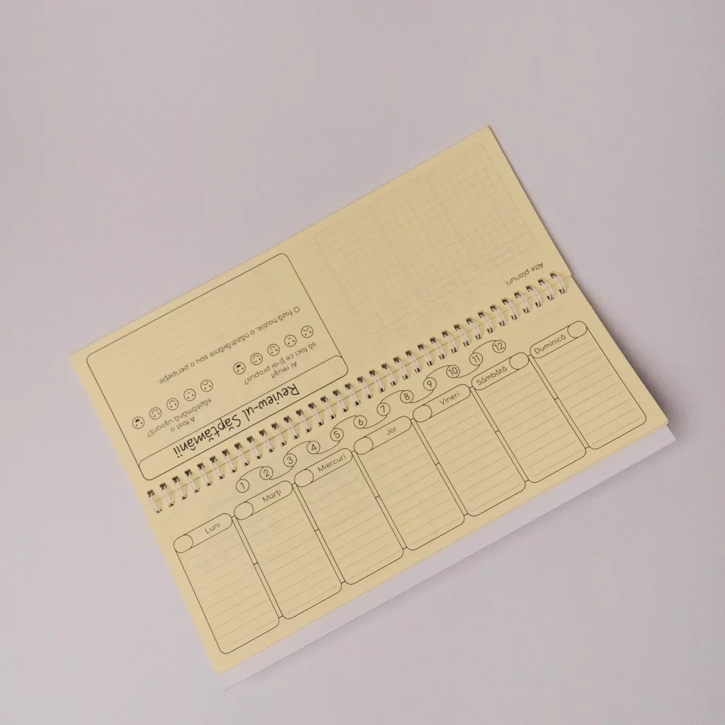 Planner deschis pe birou, cu suport stabil și secțiuni pentru sarcini